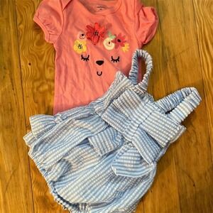 Gerber Baby Girl's 0-3M One piece & Blue seersucker Striped Romper Set